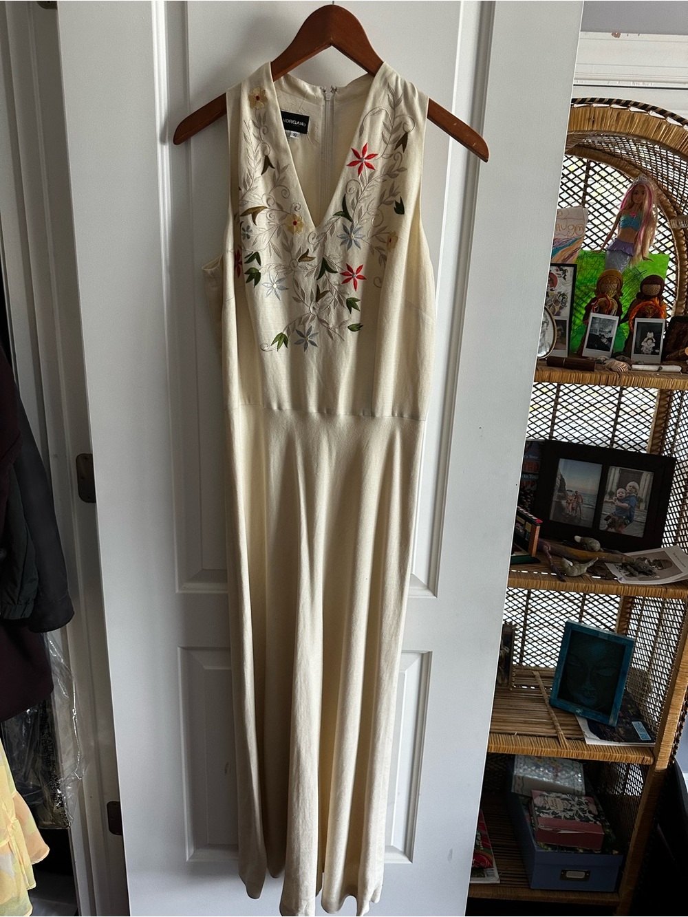 Vintage Donna Morgan Cream Embroidered V-Neck Maxi Dress